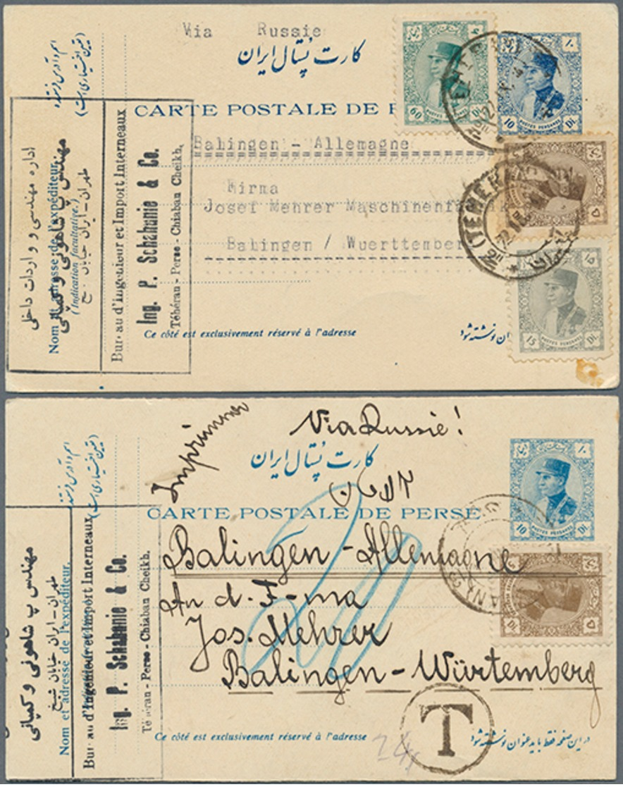 Beleg 1934, Zwei 10 D. Schah Reza P. GA-Karten Mit ZuF, 2 Bedarfskarten 1x Unterfrankiert Mit T-Stempel Von Teheran Nach - Sonstige & Ohne Zuordnung