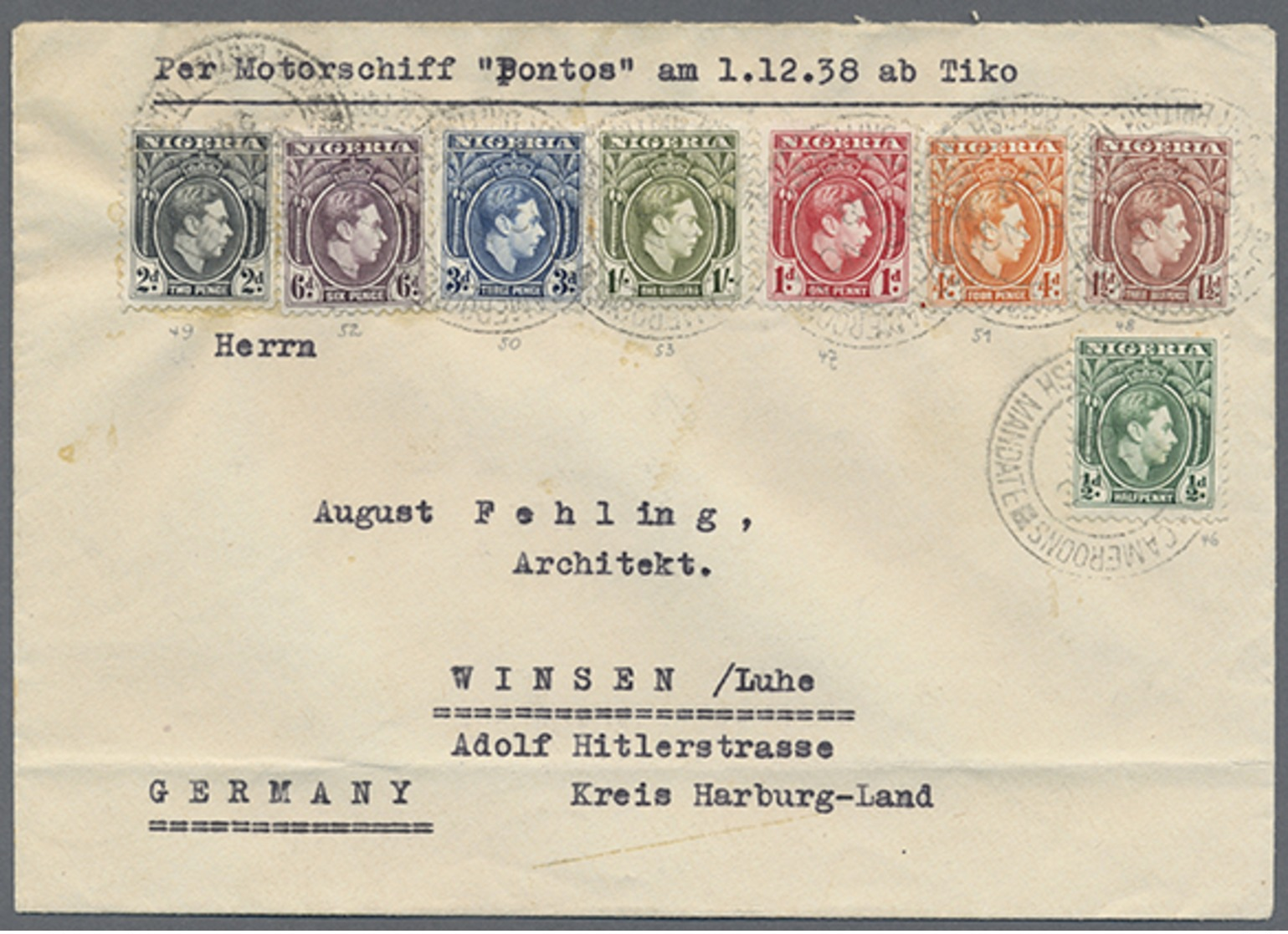 1938, Georg VI, 1/2 P- 1 Sh., 8 Verschiedene Werte, Selt. Buntfrankatur Auf Brief(Faltspur Unten)von Tiko Per Motorschif - Sonstige & Ohne Zuordnung