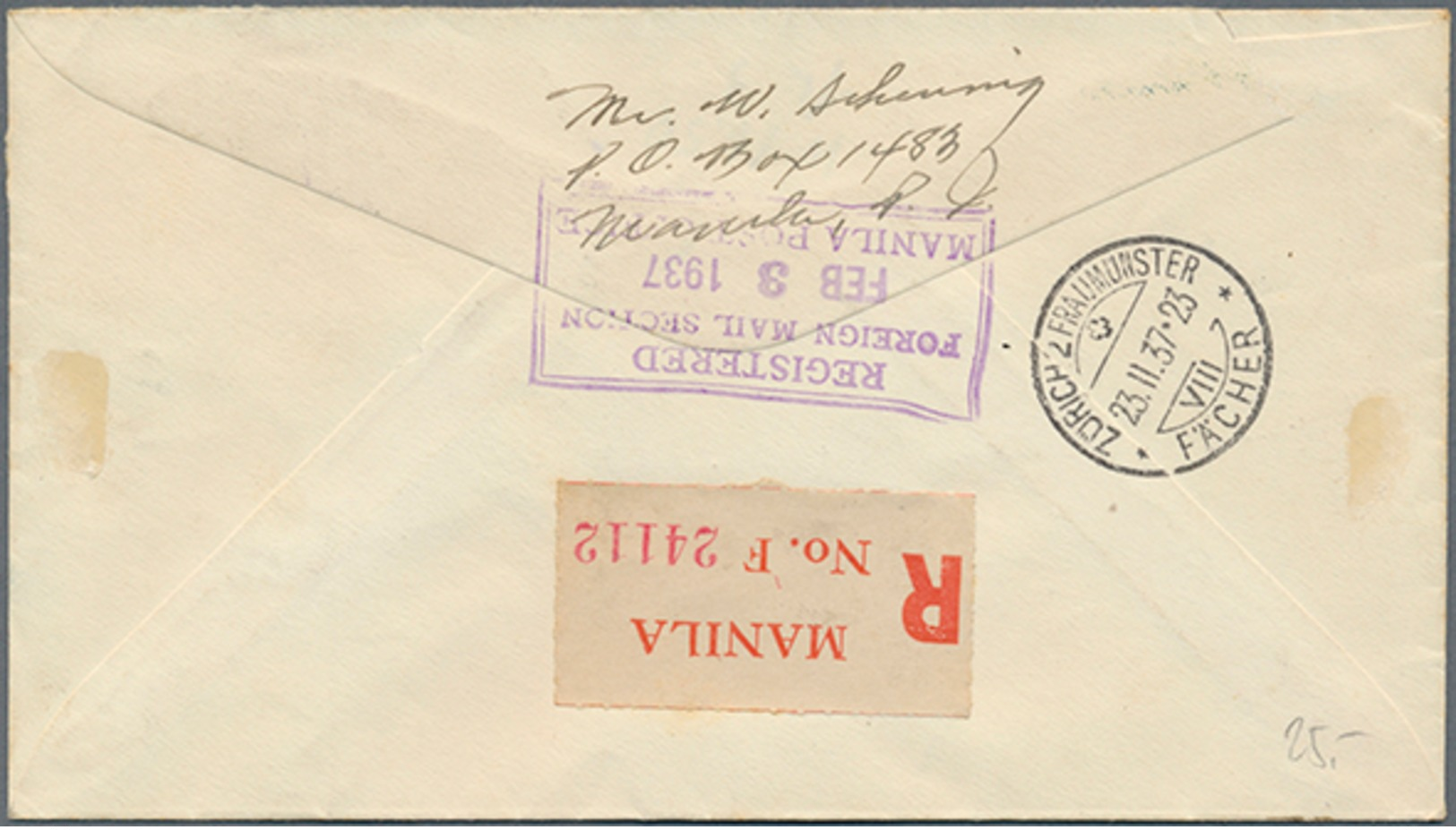 Beleg 1937, Eucharistischer Kongreß 6 Werte Komplett Auf Echt Gelaufenem R-FDC Von Manila Nach Zürich (Michel: 402-07) - Sonstige & Ohne Zuordnung