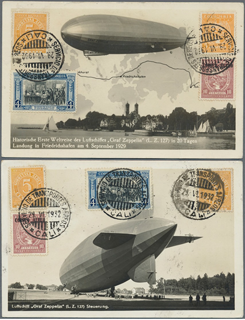 Beleg 1932, Scadta-Marken Mit ZuF Bildseitig Auf 2 LP-Zeppelin-AK Von Cali Nach Barranquilla Geflogen (Michel: 304,305 U - Sonstige & Ohne Zuordnung