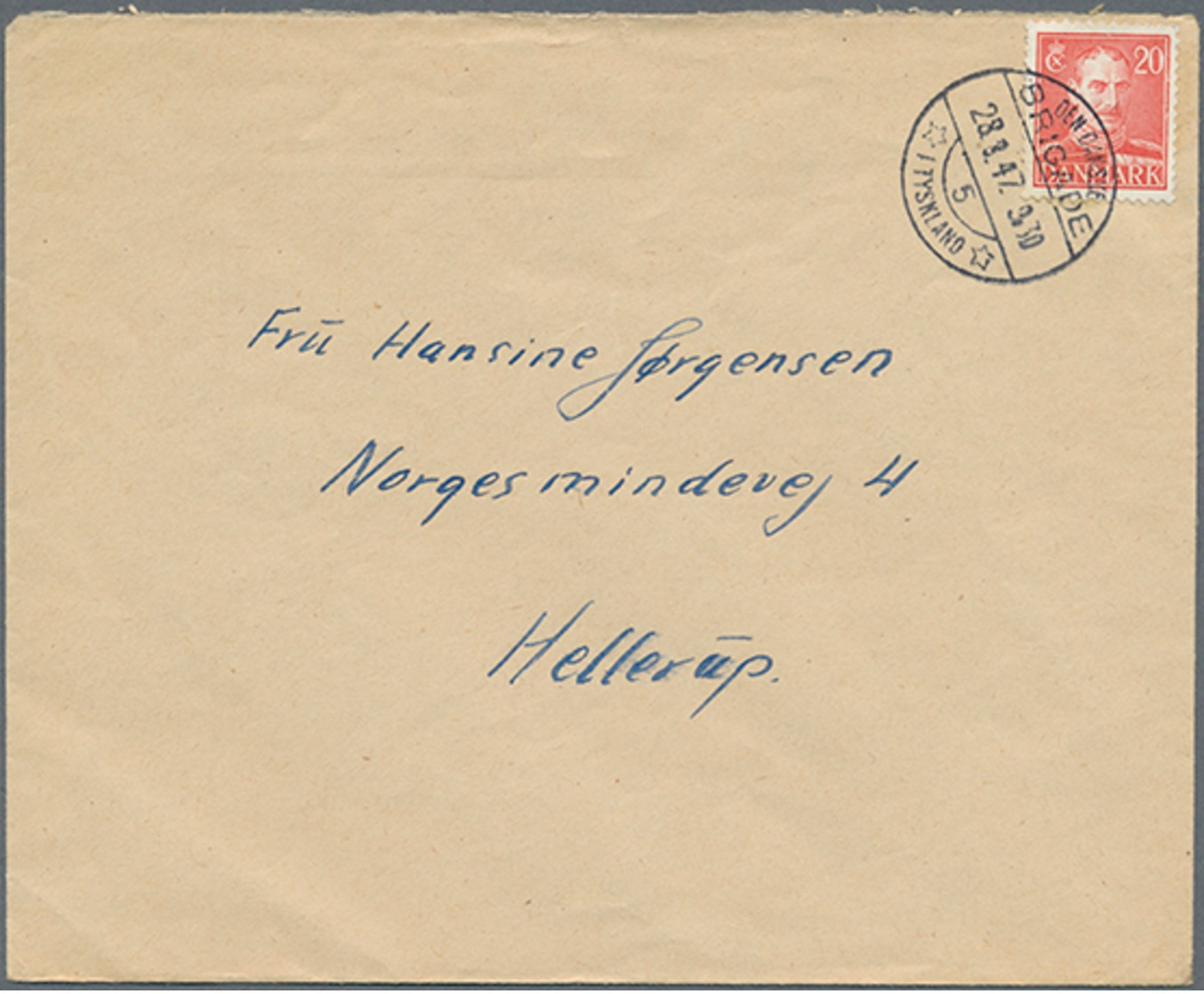 1947, 20 Ö. Freimarke Auf Brief Mit Stempel Der  Dänischen Brigade Nr.5 In Deutschland Nach Dänemark (Michel: 271) - Sonstige & Ohne Zuordnung