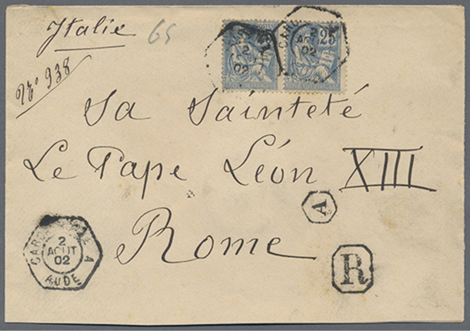 Beleg 1902, 2x 25 C. Auf R-Brief Aus Carcasonne An Seine Heiligkeit Papst LEON XIII In Rom (Michel: 105(2)) - Sonstige & Ohne Zuordnung