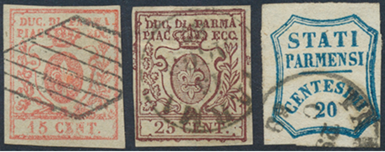 Gest. 1857/59, 15 U. 25 C. Wappen U. 20 C.Schild, 3 Pra.stücke, Mi. 740.- (Michel: 9,10,14) - Sonstige & Ohne Zuordnung
