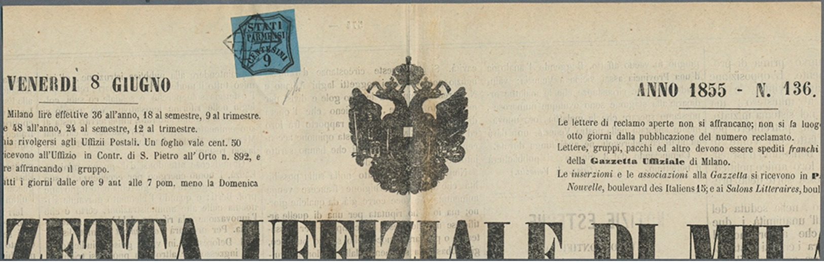 Beleg 1853, 9 Cent. Zeitungsstempelmarke Schwarz A. Blau Mit Gitterstempel Auf Gazetta Uffiziale Di Milano,Kab.stück, Lt - Sonstige & Ohne Zuordnung