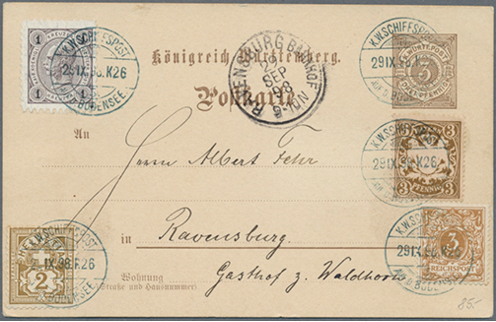 Beleg 1898, 3 Pf. Ziffer GA-Karte Mit ZuF Der 4 Anderen Bodensee-Anrainerstaaten  Bayern, Dt.Reich, Österreich U. Schwei - Sonstige & Ohne Zuordnung