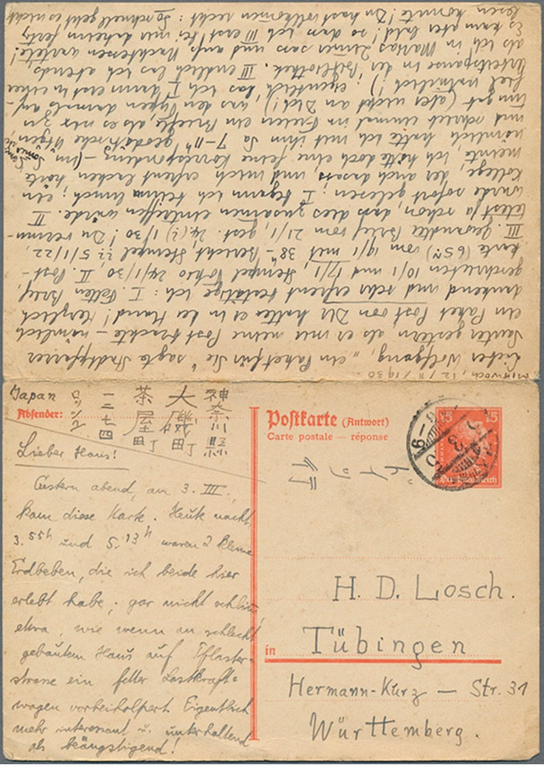 Beleg 1930, 15 Pf. Kant, Frageteil Von Tübingen Nach Japan, Anhängender Antwortteil Zurück Nach Tübingen, Sauberes Bedar - Sonstige & Ohne Zuordnung