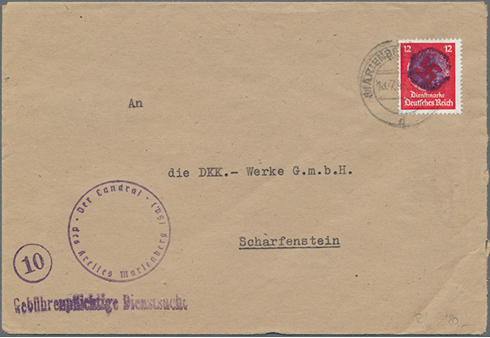 Beleg 1945, 12 Pf. Behördendienstmarke  Mit Schwärzung Auf Behördenbrief Von Marienberg 18.7.45 Nach Scharfenstein, Selt - Sonstige & Ohne Zuordnung