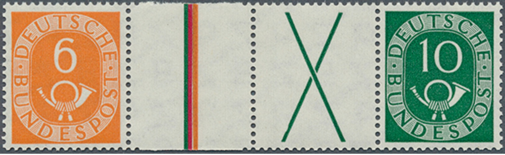 ** 1951, Posthorn, 6+Z+X+10 Postfrischer Waager. Zusammendruck, Mi.550.- (Michel: WZ 4) - Sonstige & Ohne Zuordnung