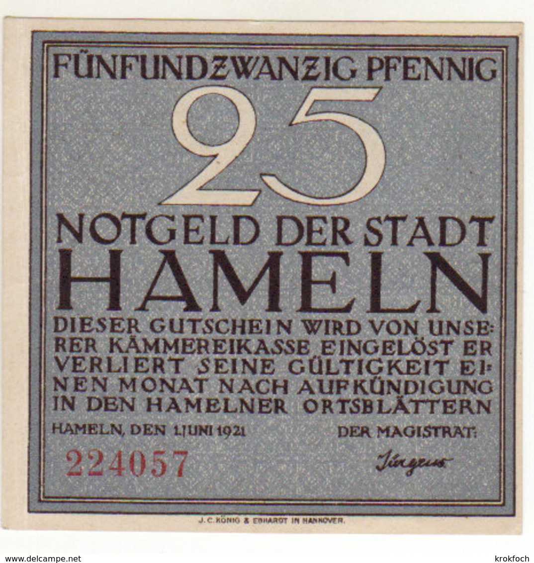Gutschein Hameln 1921 - 25 Pfennig - 2 Scans Recto-verso - Austria