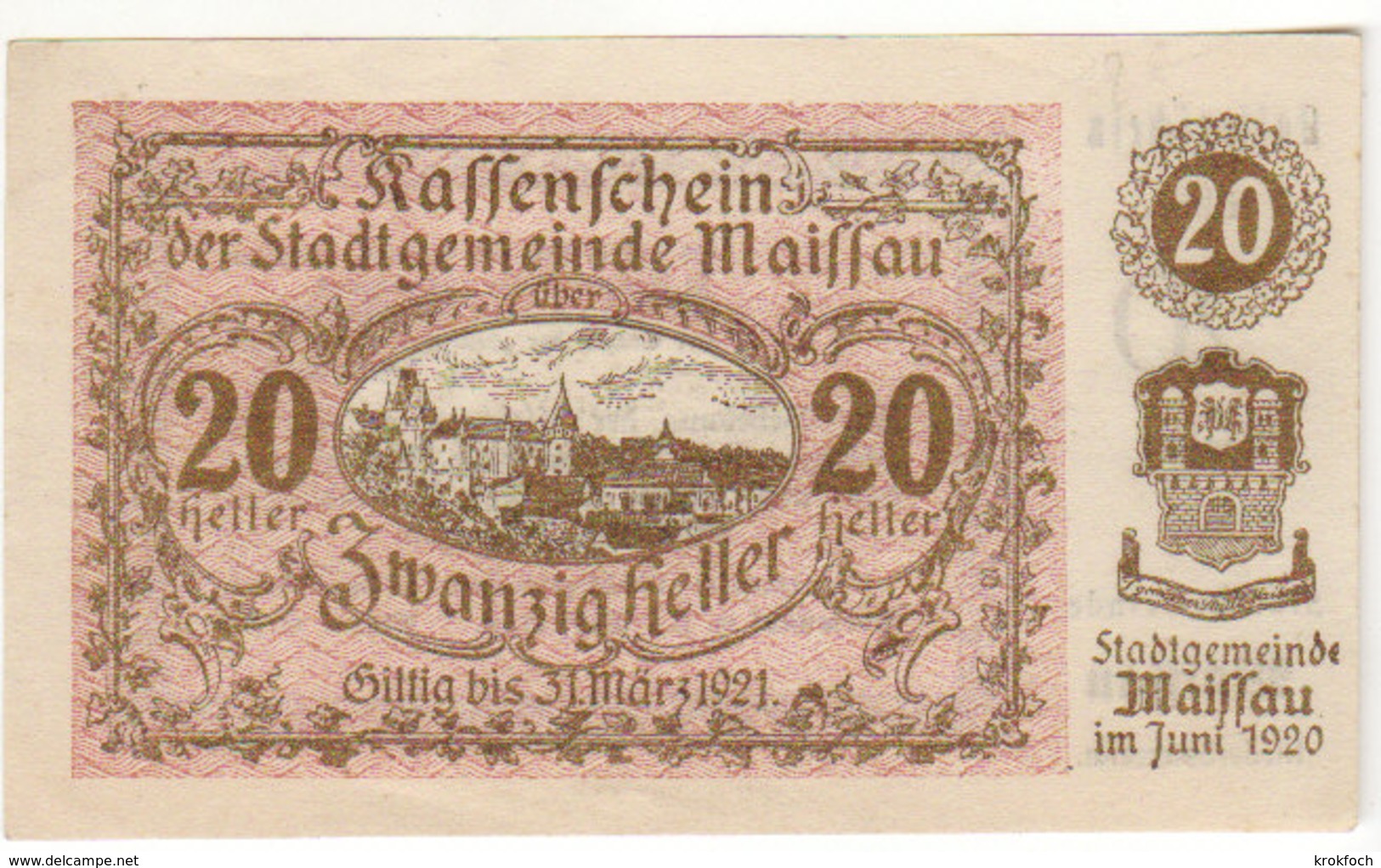 Gutschein Maissau 1921 - 20 Heller - 2 Scans Recto-verso - Oesterreich