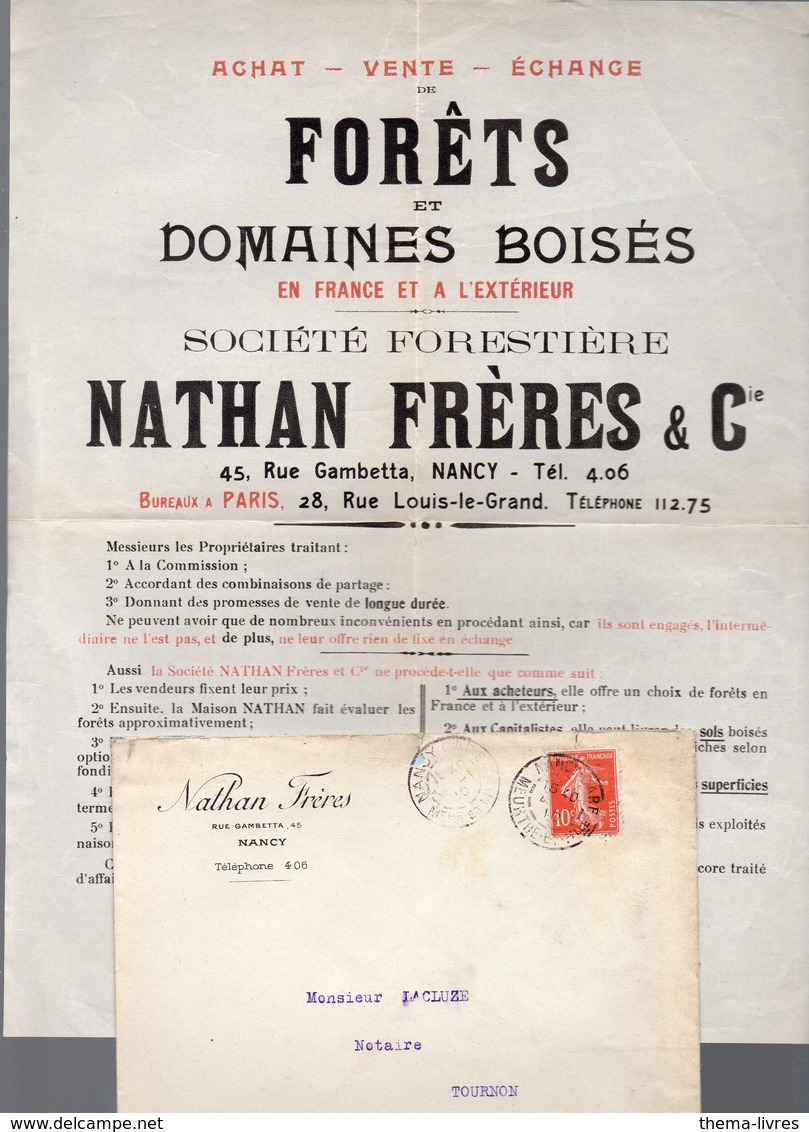 Nancy (Meurthe Et Moselle) Prospectus  NATHAN Frères Forêts Et Bois Avec Son Enveloppe  1910  (PPP14507) - Advertising