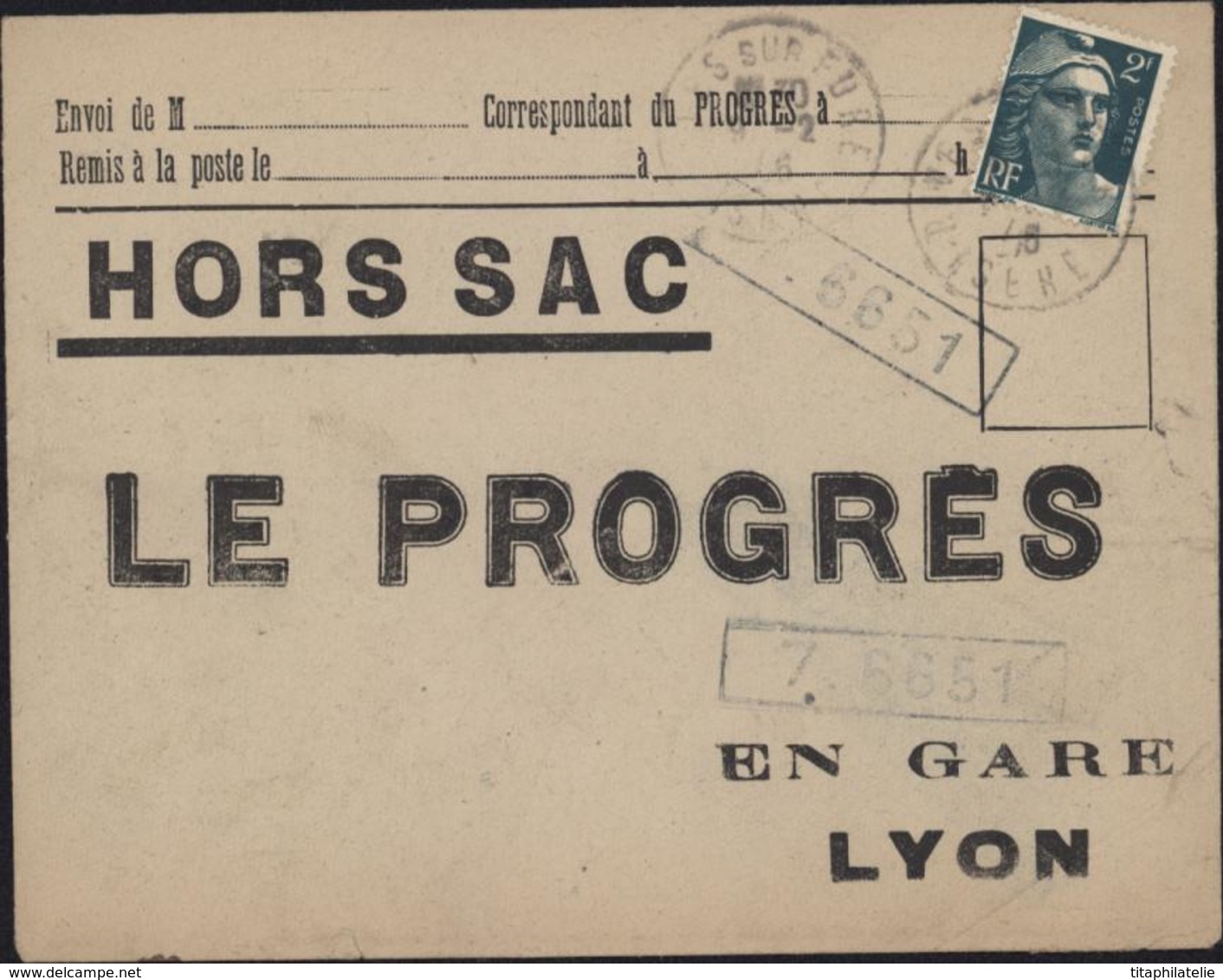 Enveloppe Hors Sac Le Progrès En Gare De Lyon YT 713 CAD Rives Sur Fure Isère 10 2 46 Dos Ambulant Grenoble à Lyon 11 2 - 1921-1960: Periodo Moderno