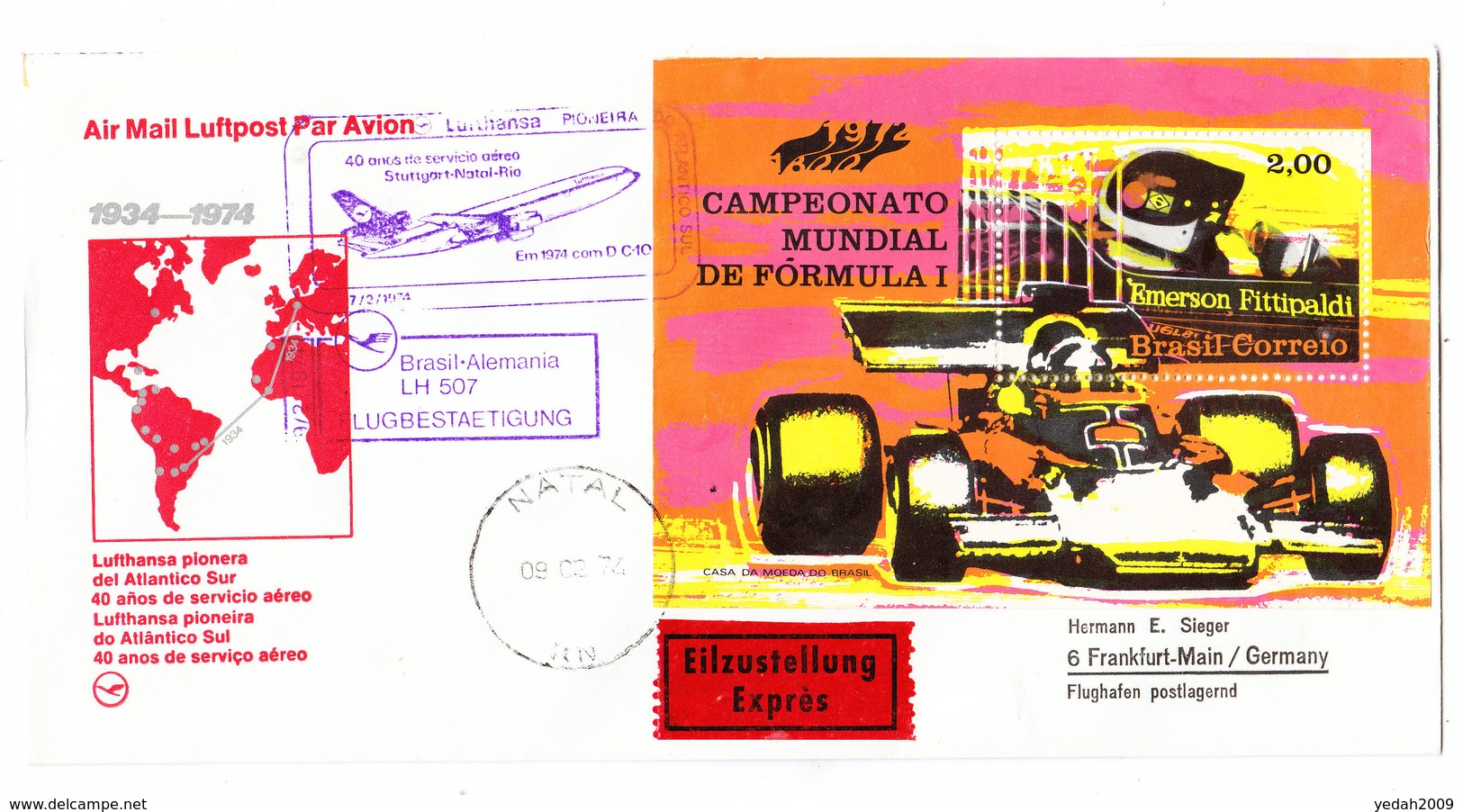 Brazil 40 YEARS OF SERVICE STUTTGART-NATAL-RIO LUFTHANSA LH 507 FFC 1974 - Poste Aérienne (Compagnies Privées)