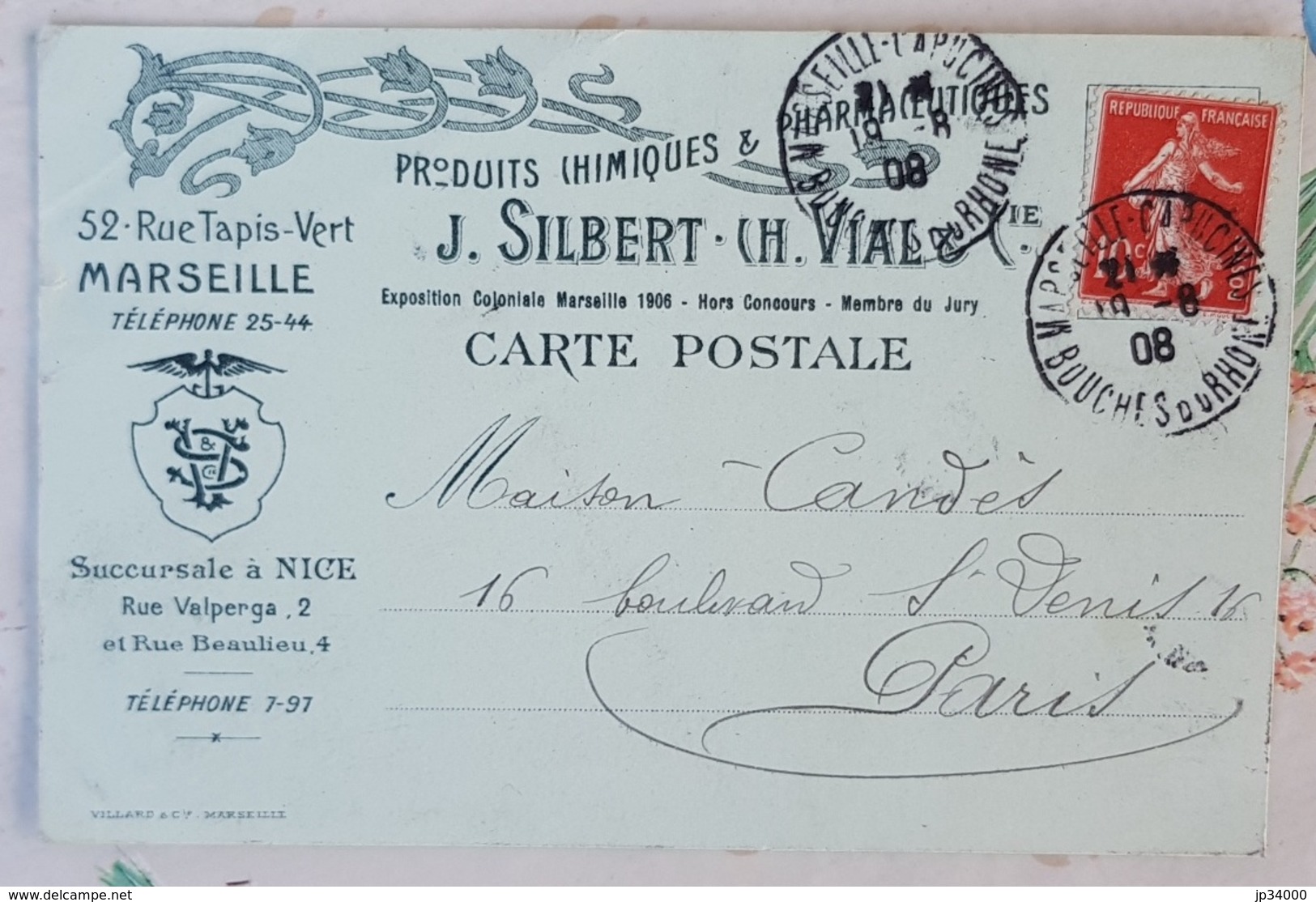 FRANCE Phamarcie, Medecine, Carte Postale Publicitaire SILBERT. VIAL à Marseille 1908 - Pharmacy