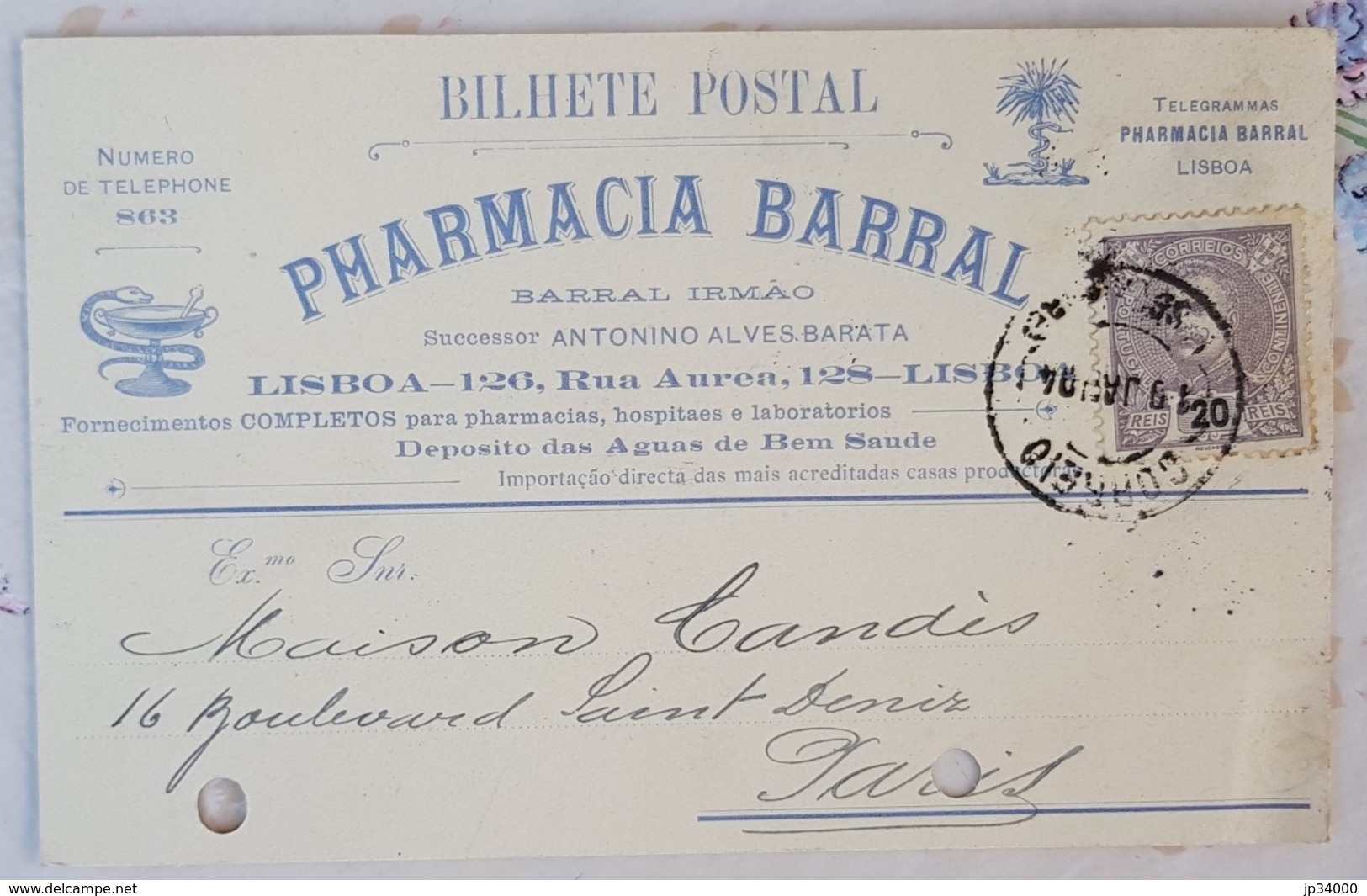 PORTUGAL Phamarcie, Medecine, Carte Postale Publicitaire PHARMACIA BARRAL à LISBONNE 1894 - Pharmacie