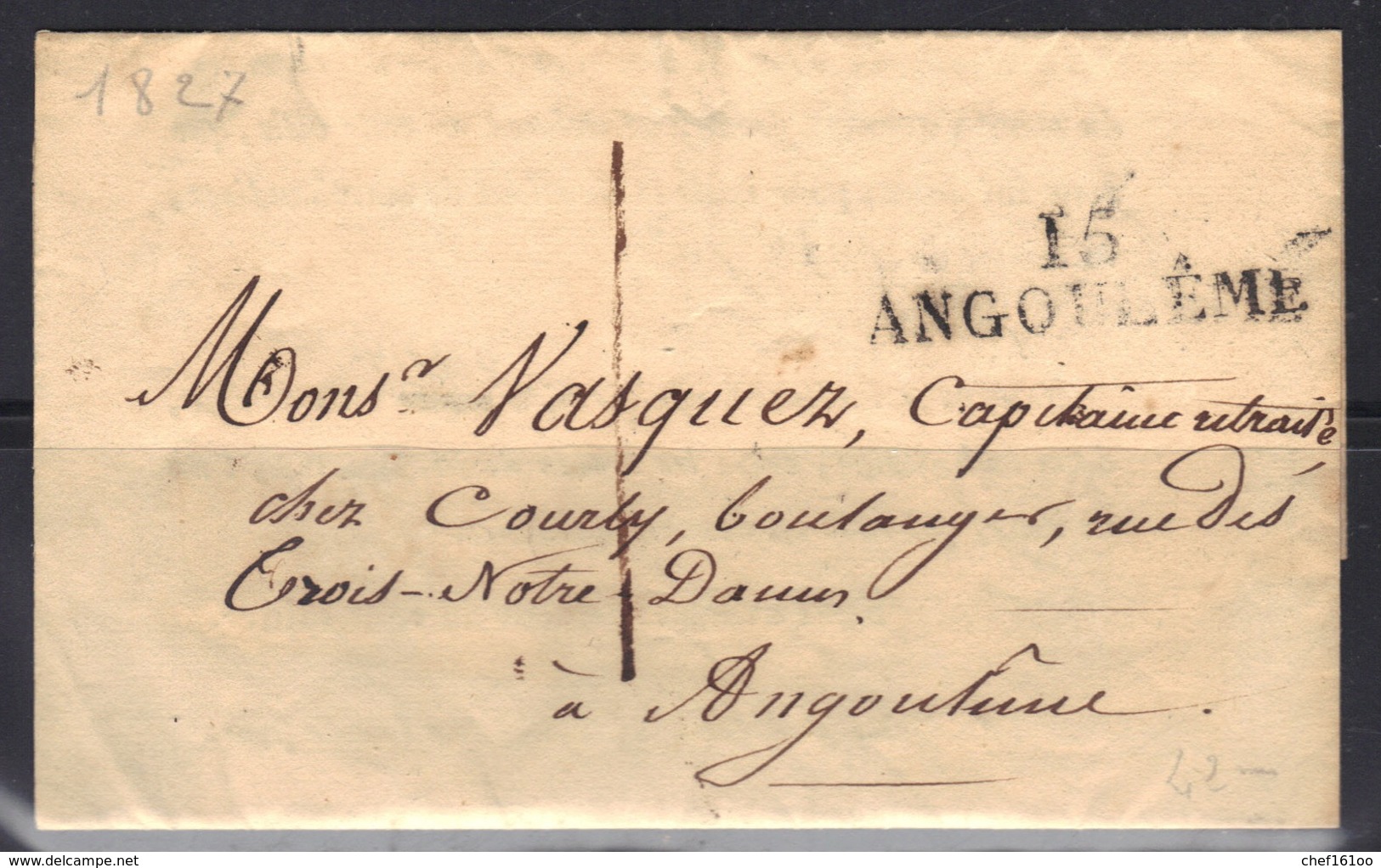 Angoulême (Charente) : 15/ANGOULEME En Noir, 42 X 12 Mm. 1827. - 1801-1848: Précurseurs XIX