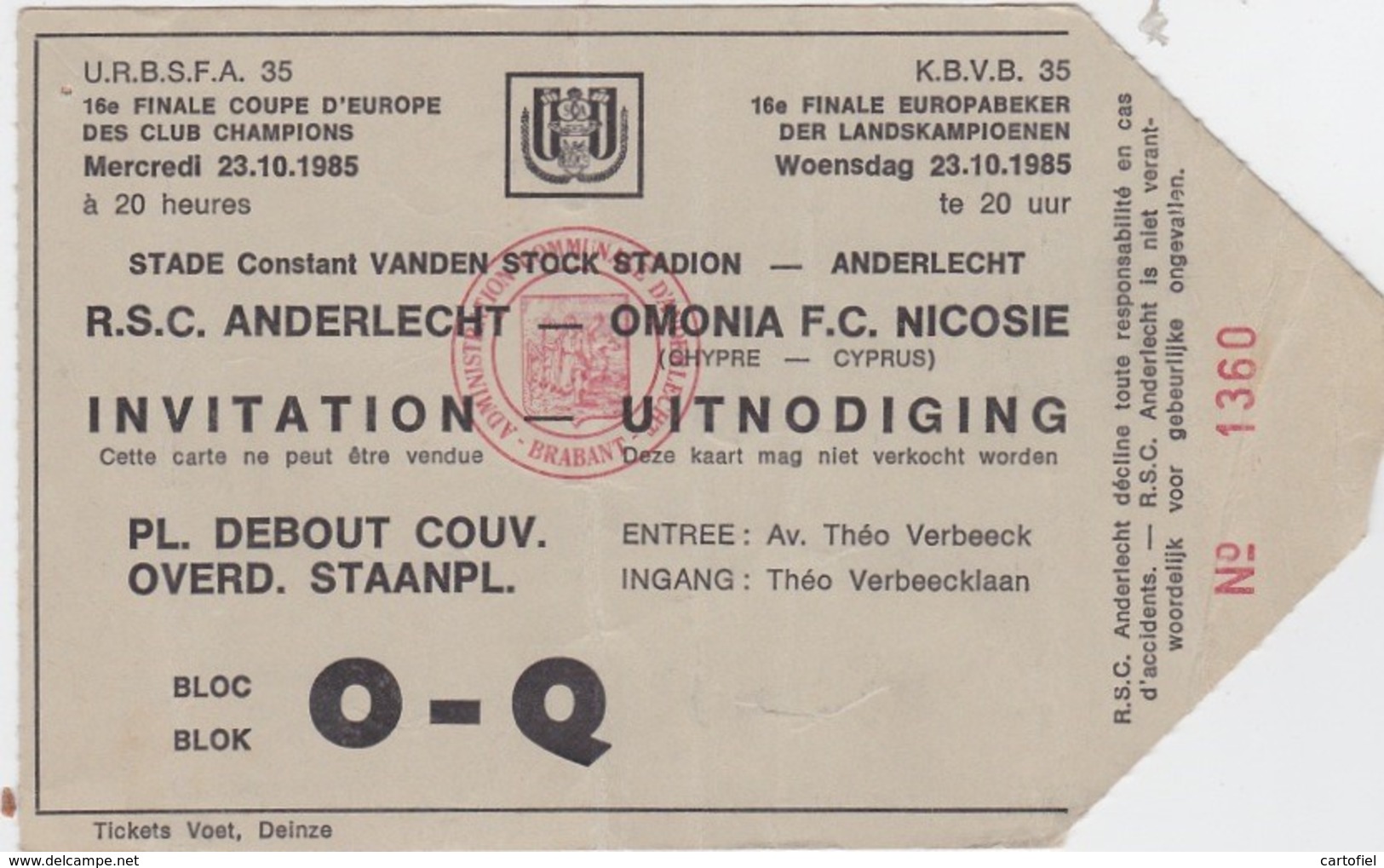 TICKET-VOETBAL-FOOTBALL-R.S.C.ANDERLECHT-OMONIA F.C.NICOSIE-FINALE COUPE D'EUROPE-23.10.1985-BON ETAT VOYEZ LES 2 SCANS! - Toegangskaarten