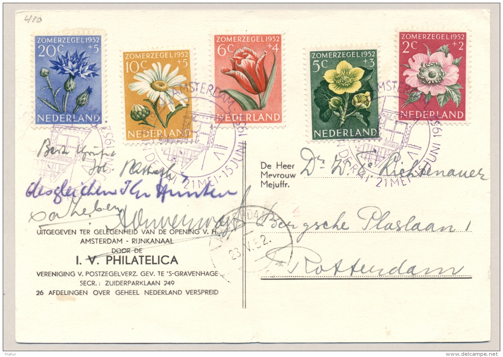 Nederland - 1952 - Zomerzegels Bloemen Op Speciale Kaart Opening Amsterdam - Rijn Kanaal / Flowers - Lettres & Documents