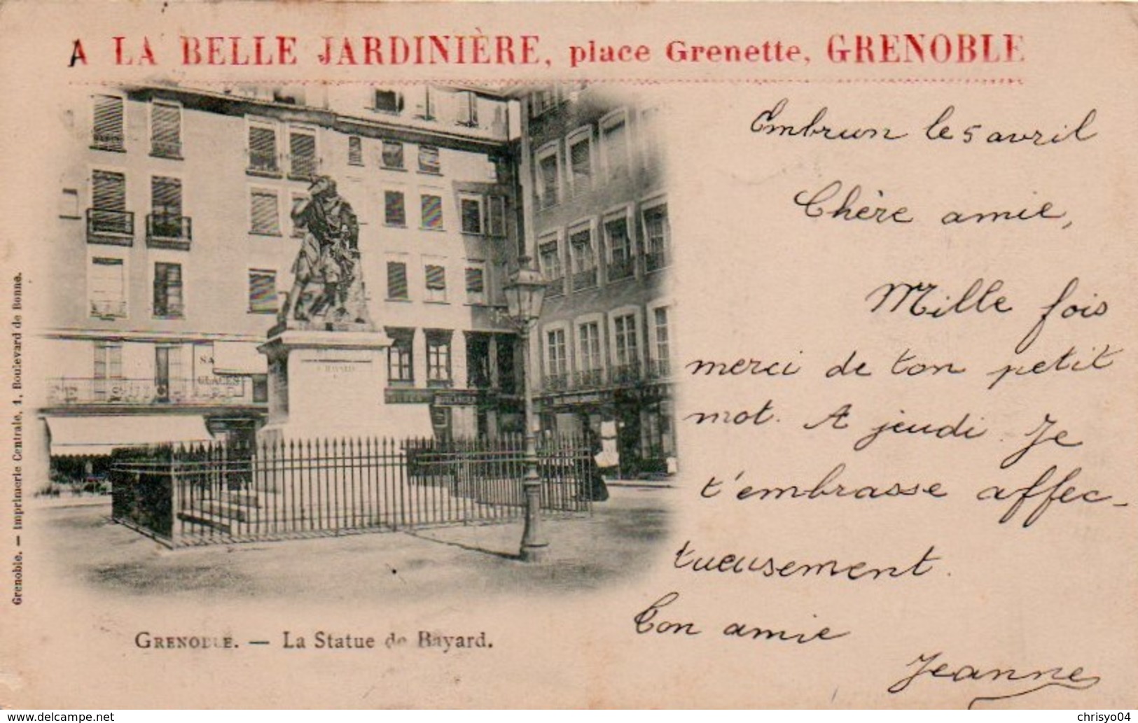 88Fo  38 Grenoble Statue De Bayard Pub A La Belle Jardiniere Place Grenette - Grenoble