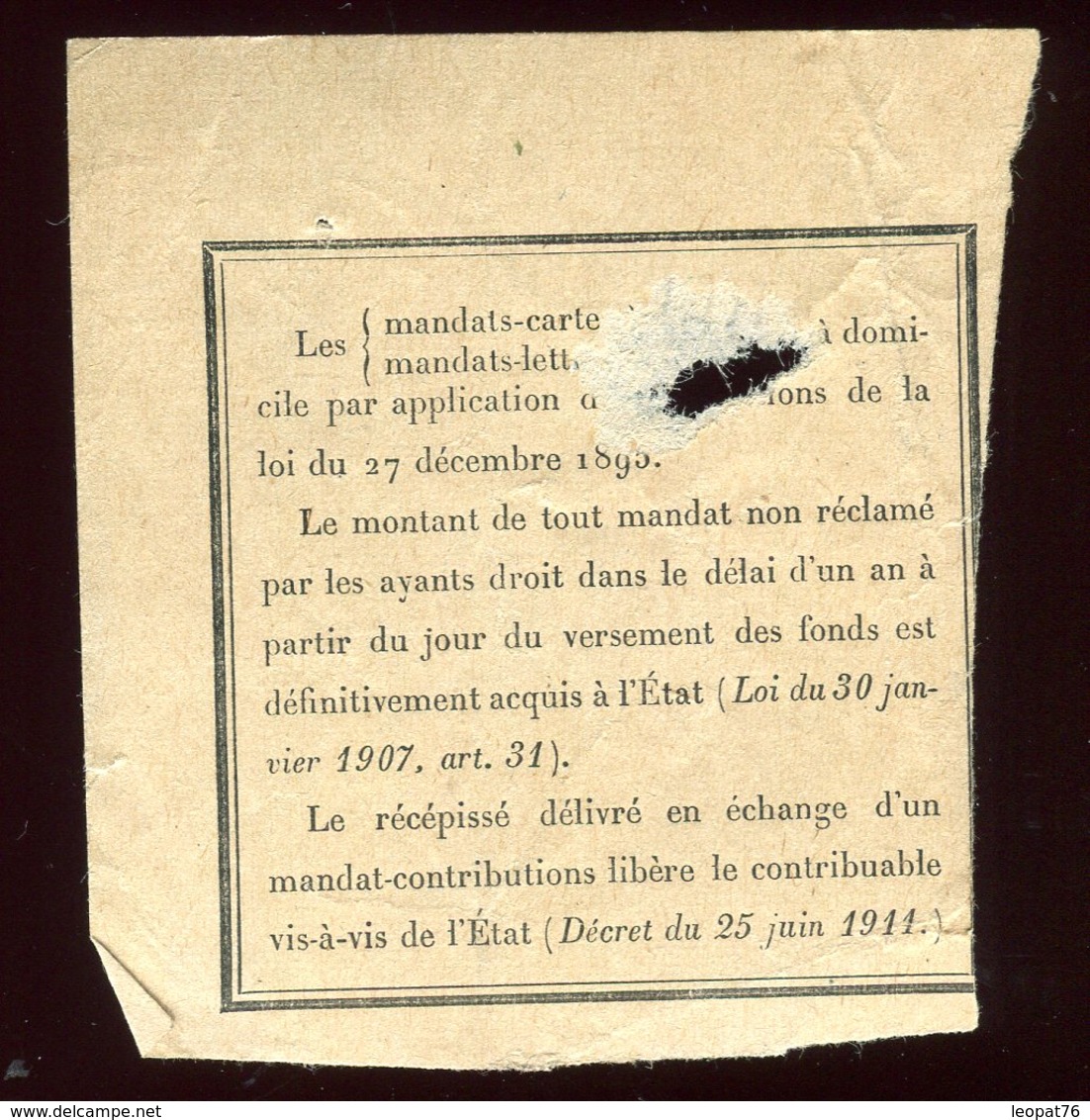 Récépissé De Mandat De Paris En 1914 - Prix Fixe - - 1877-1920: Période Semi Moderne