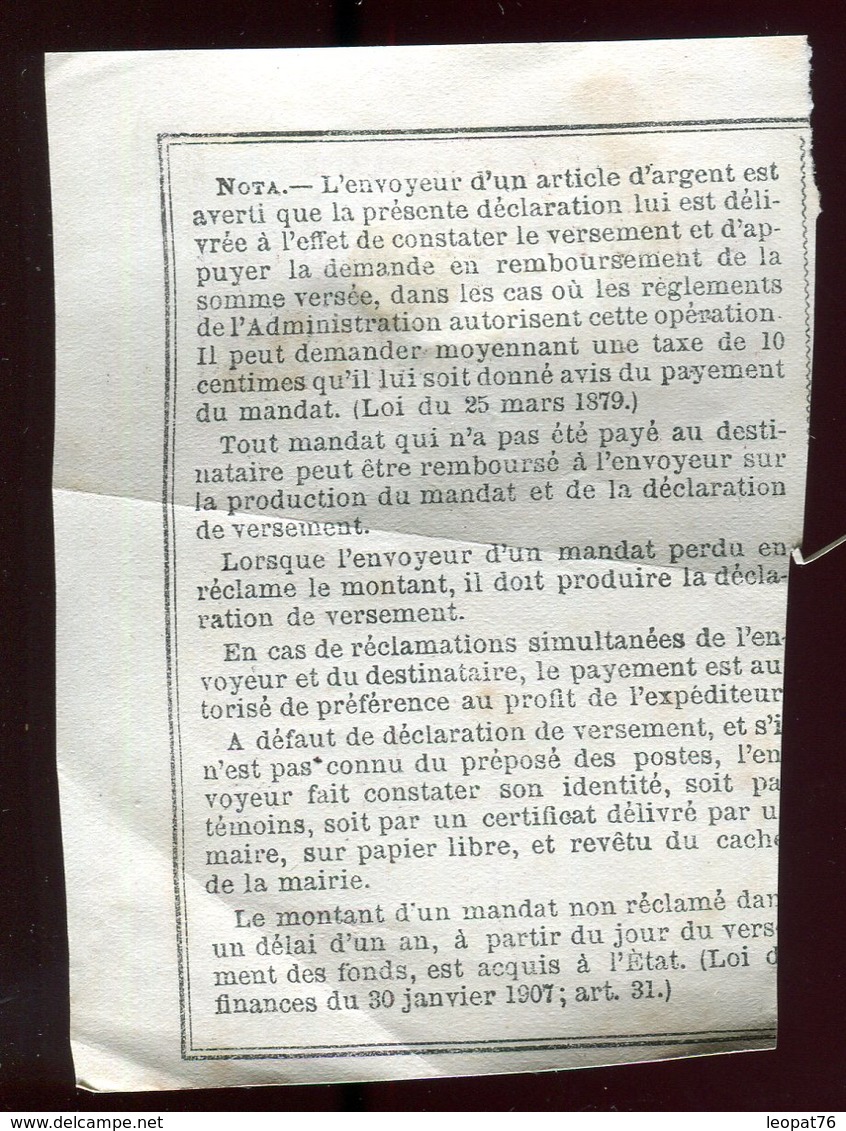 Récépissé De Mandat Du Mans En 1910 - Prix Fixe - - 1877-1920: Période Semi Moderne