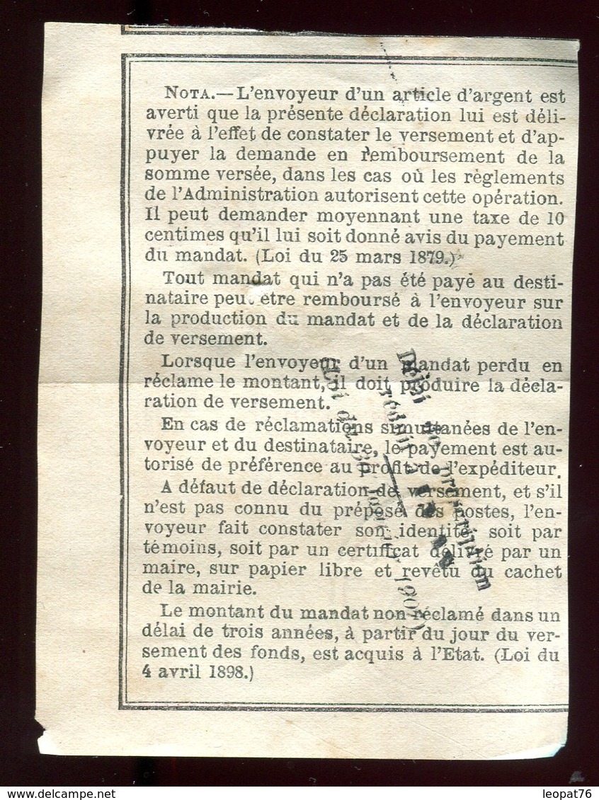 Récépissé De Mandat Du Mans En 1907 , Griffe Au Verso De Délai De Prescription  - Prix Fixe - - 1877-1920: Periodo Semi Moderno