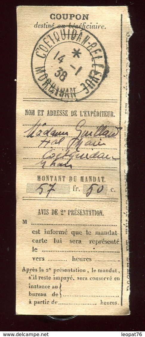 Récépissé De Mandat De Coetquidan En 1938 - Prix Fixe - - 1921-1960: Période Moderne