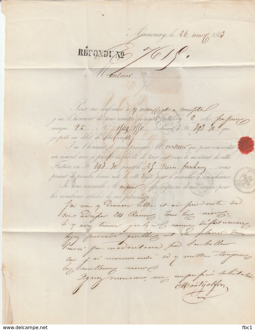 Autographe - LAS Montgolfier - Annonay (Ardèche) Lette Du 26 Mars 1863 - Autres & Non Classés