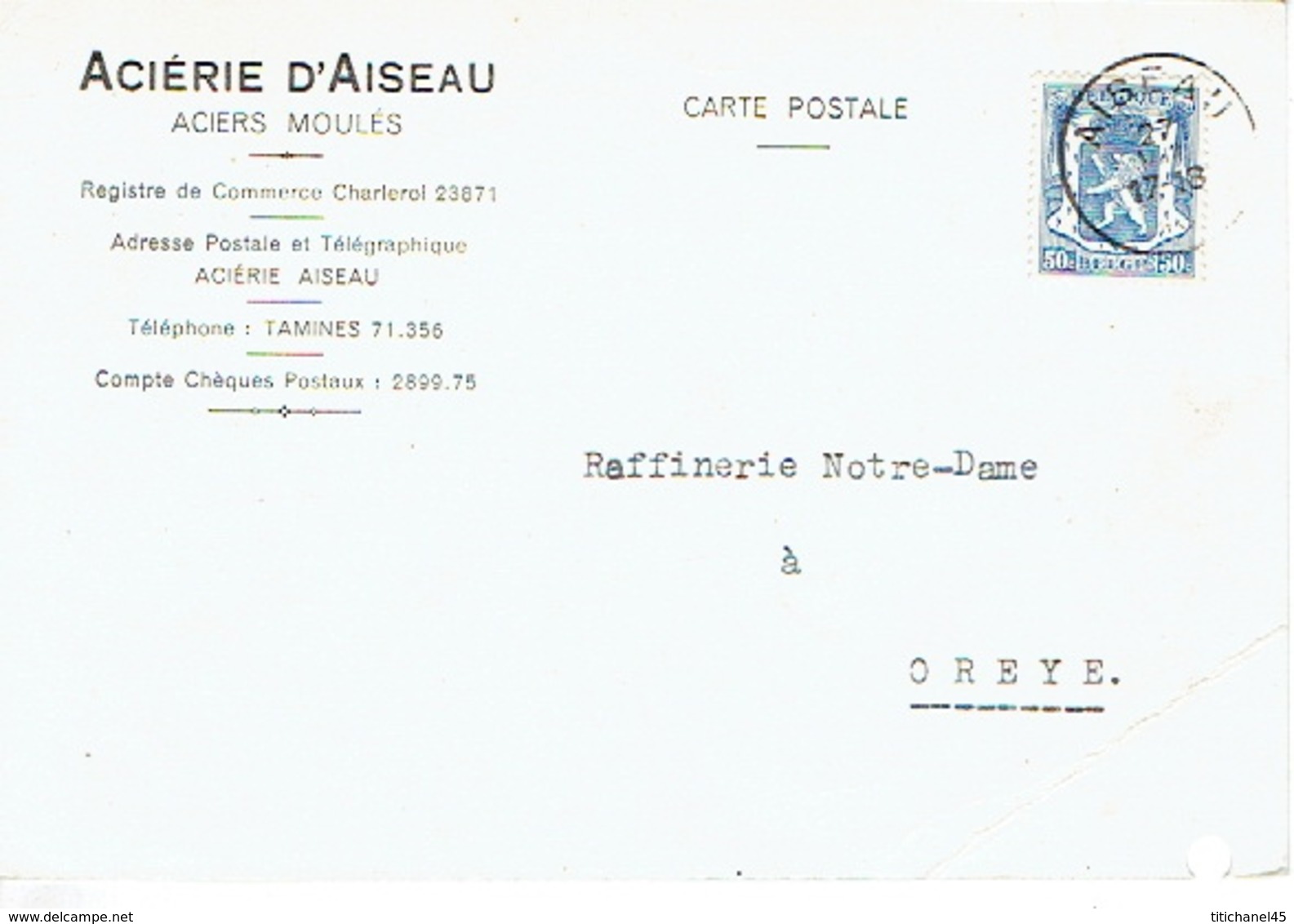 Carte Publicitaire 1943 ACIERIE D'AISEAU - Aiseau-Presles