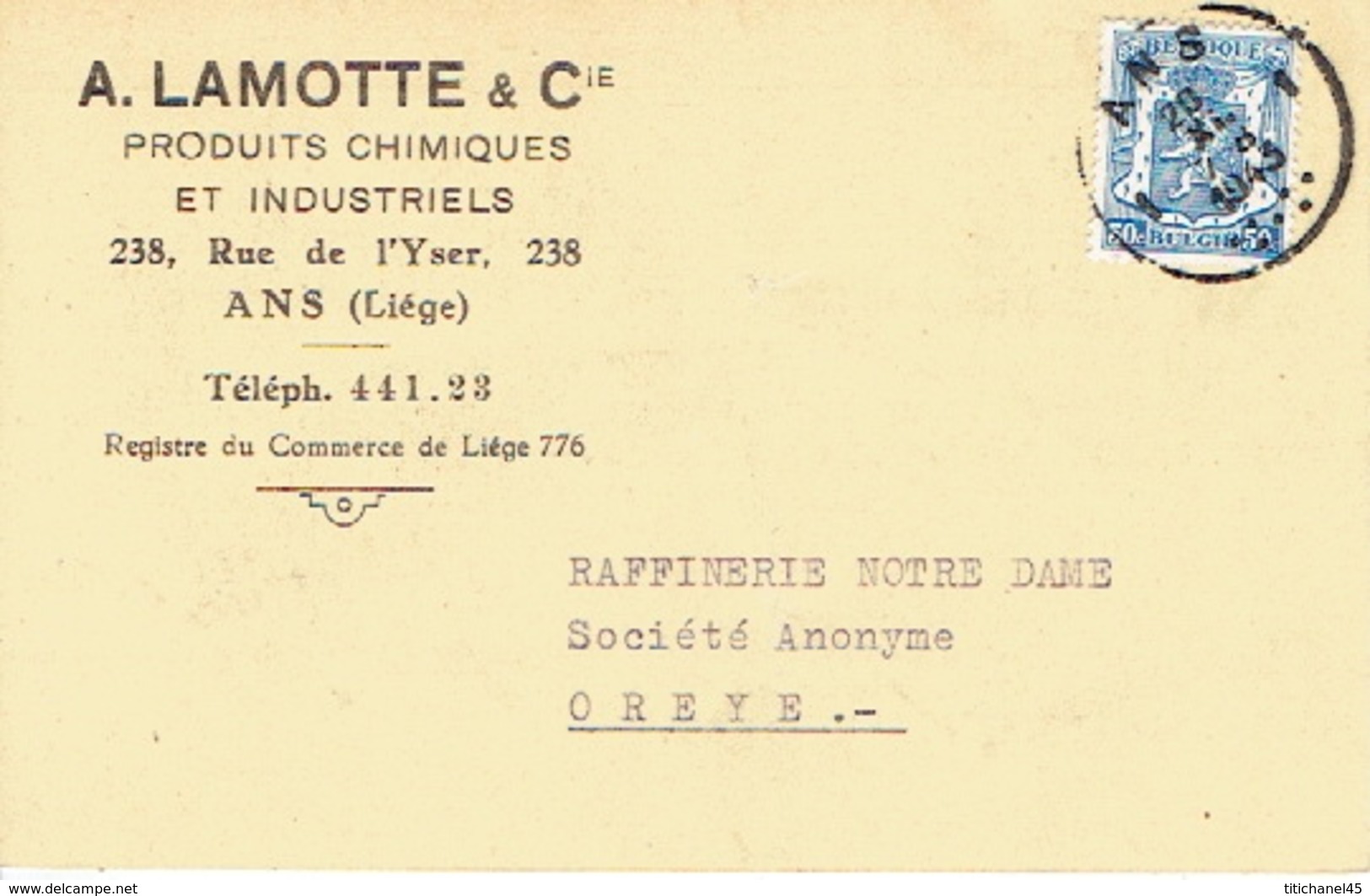 Carte Publicitaire 1943 ANS - A. LAMOTTE & Cie - Produits Chimiques & Industriels - Ans