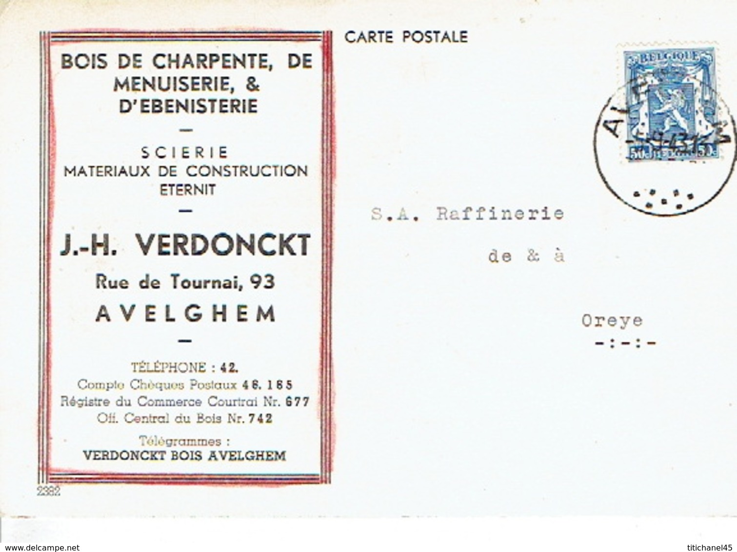 Postkaart Publicitaire AVELGHEM 1943 - J.-H. VERDONCKT - Scierie, Matériaux De Construction - Avelgem