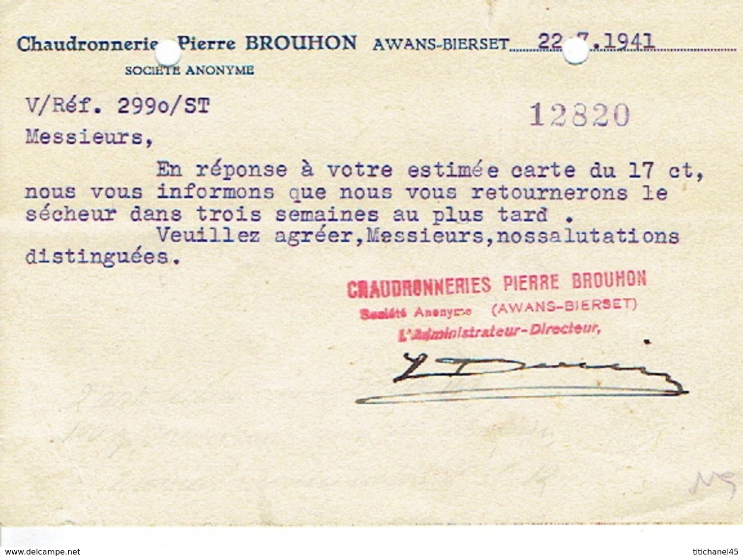 Carte Publicitaire AWANS-BIERSET - PIERRE BROUHON - Chaudronneries - Awans