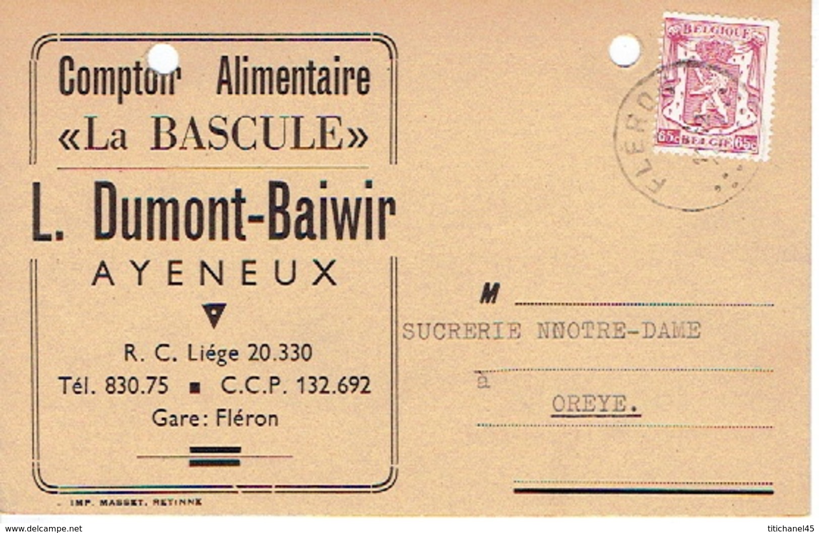 Carte Publicitaire AYENEUX 1947 - L. DUMONT-BAIWIR - Comptoir Alimentaire "LA BASCULE" - Other & Unclassified