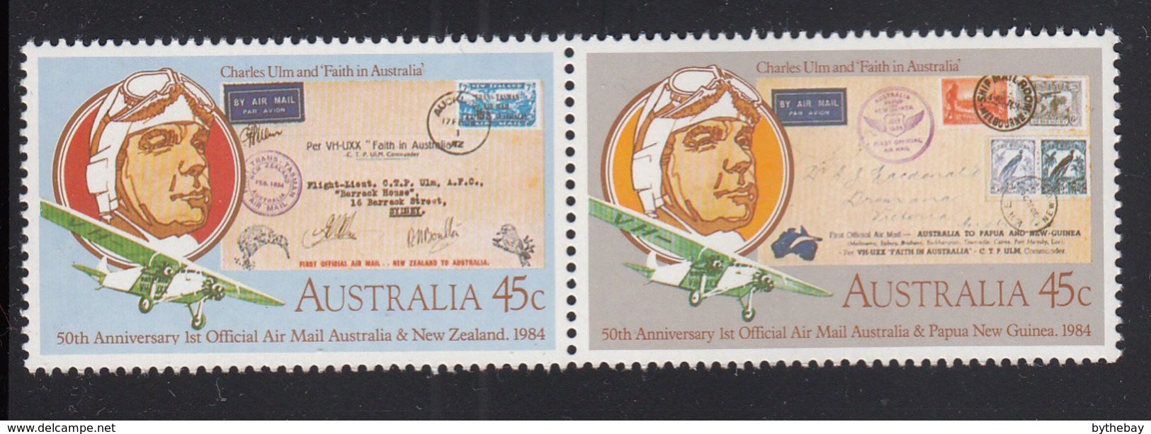 Australia 1984 MNH Scott #891a Pair 45c Charles Ulm, Airplane, Flight Covers 50th Anniversary Official Air Mail - Aerei
