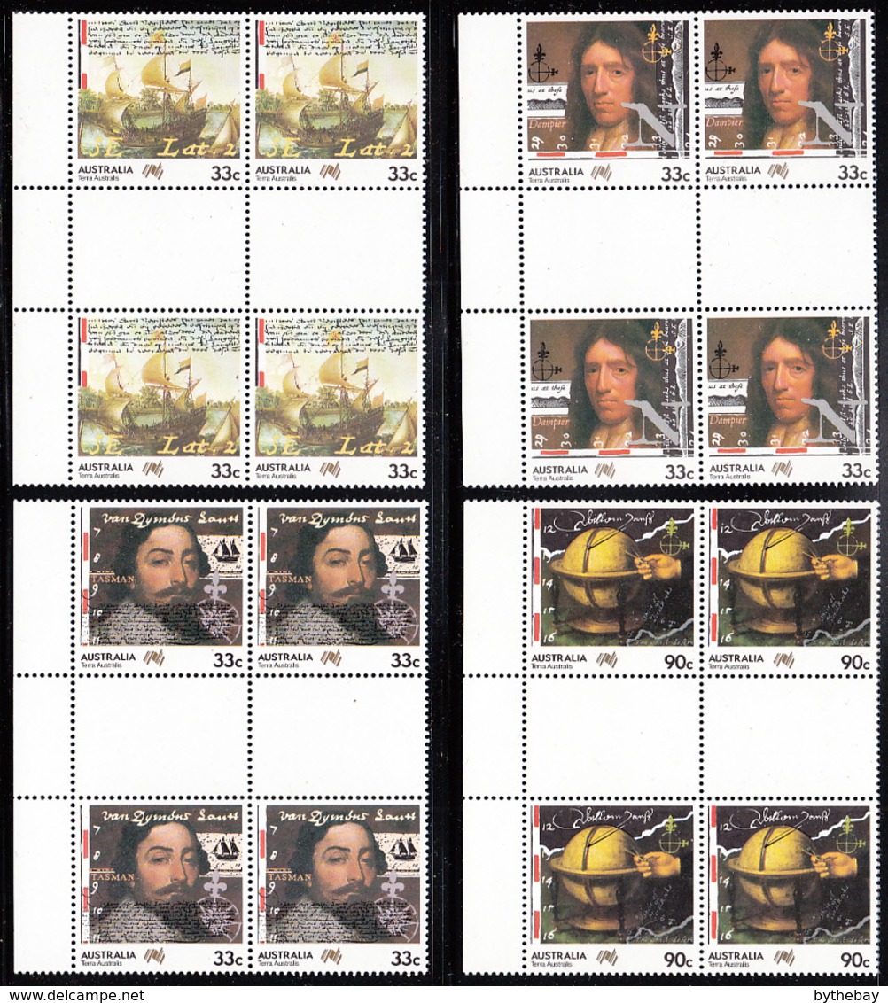 Australia 1985 MNH Scott #949-#952 Tasman, The Eendracht, Dampier, Globe Set Of 4 Gutter Blocks Of 4 - Neufs