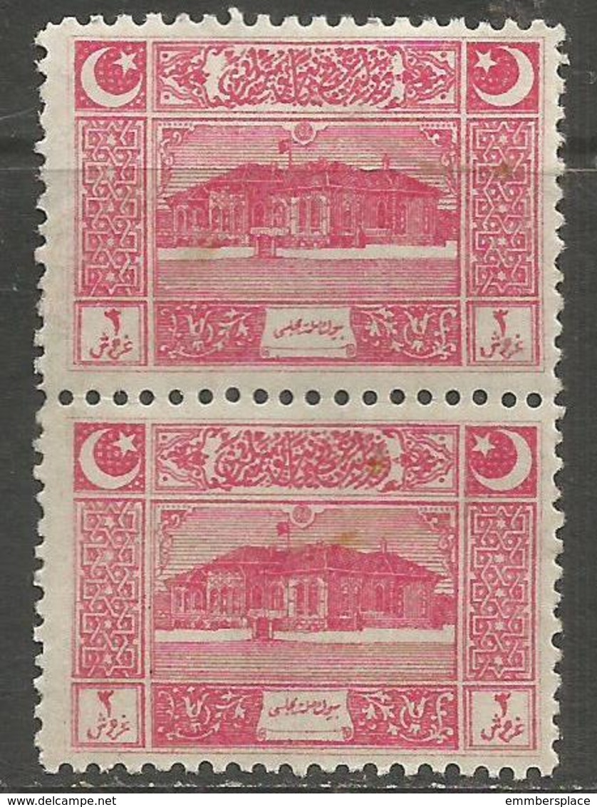Turkey - 1922  Parliament House 3k (thick Paper) Pair MLH *     Mi 792p  Sc AS103p - Unused Stamps