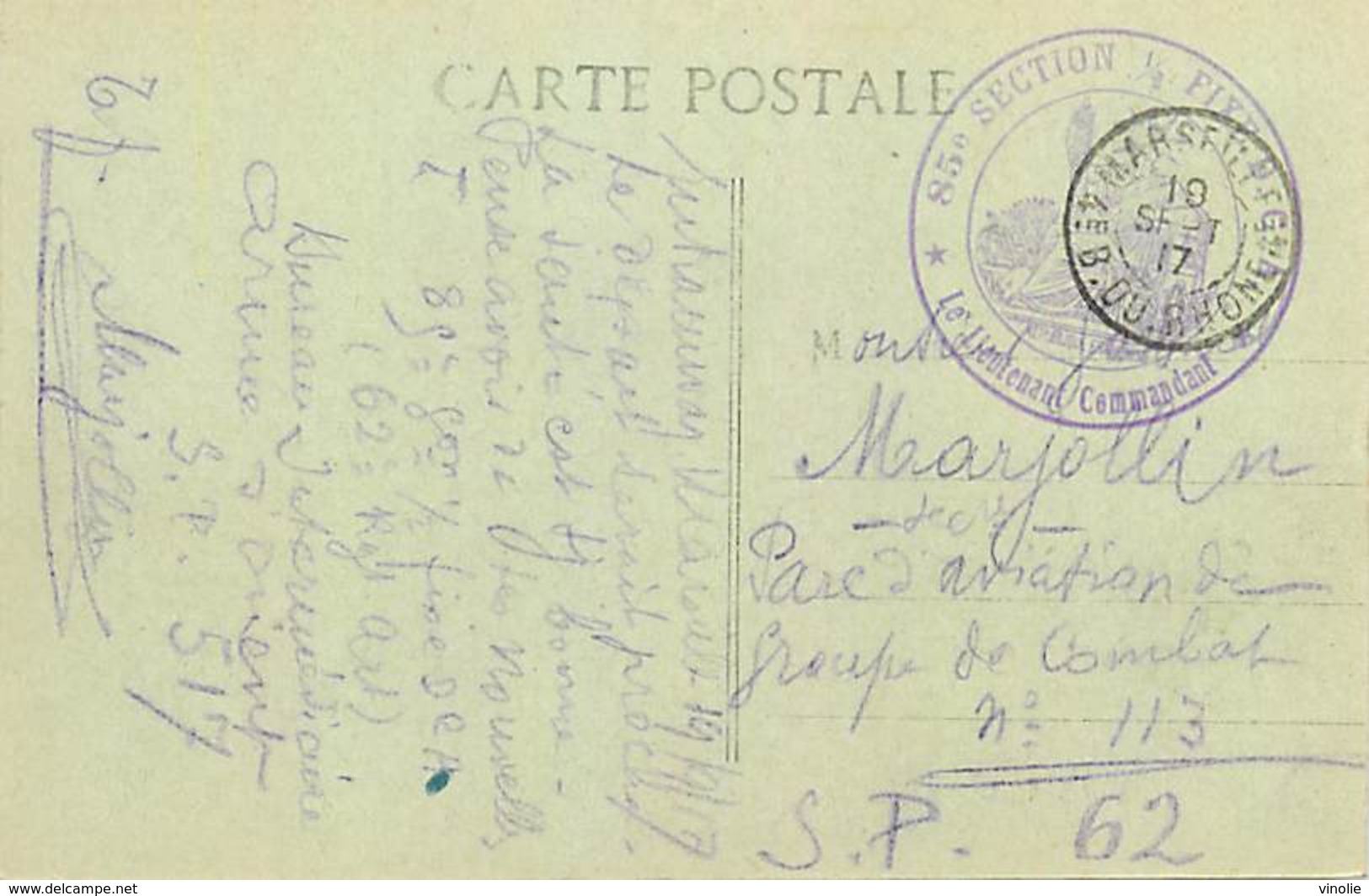 D-18-1391 : CARTE AVEC CACHET FRANCHISE MILITAIRE 85° SECTION 1/2 FIXE DCA CARTE DE MARSEILLE - Guerre De 1914-18