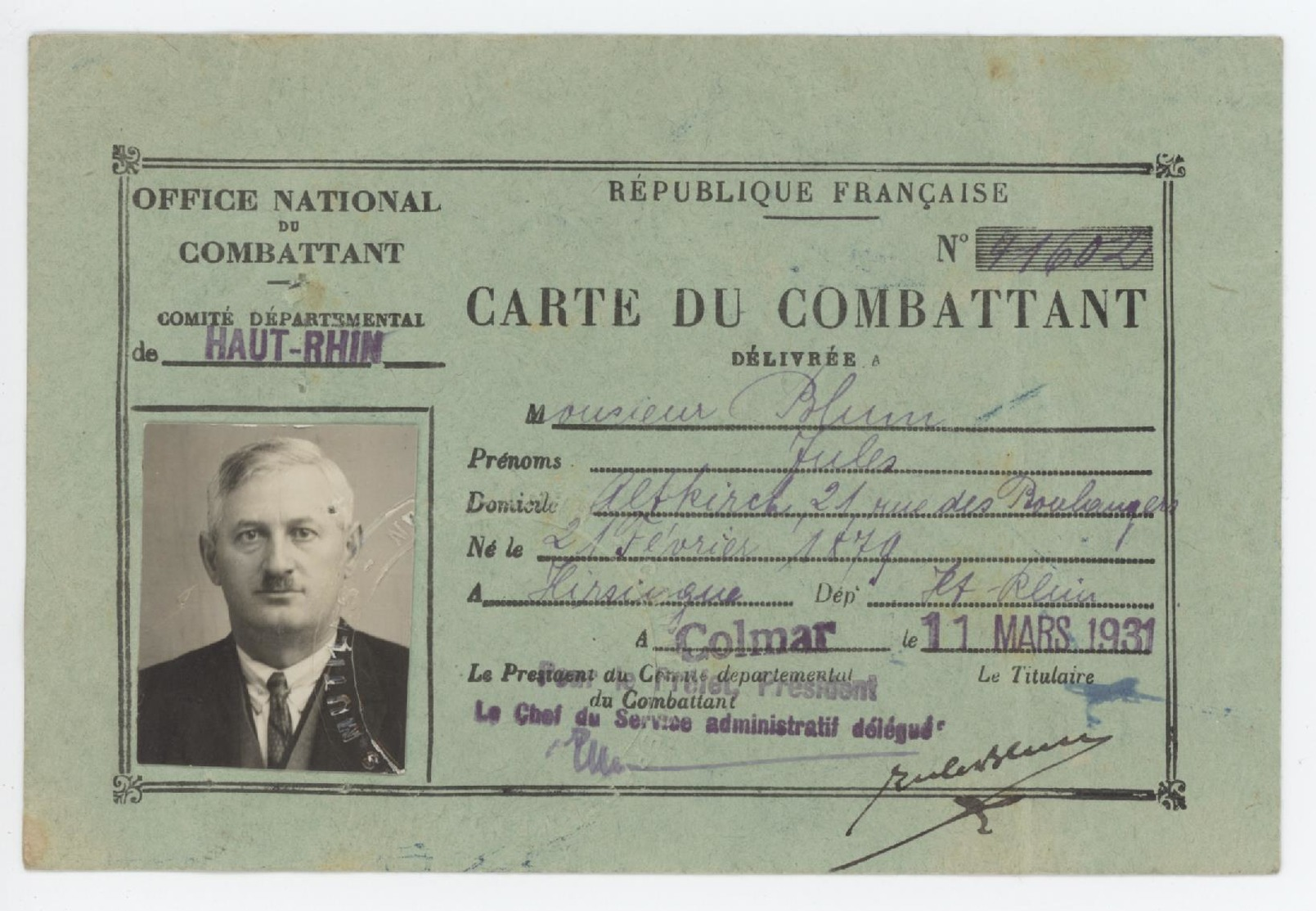 Carte Du Combattant Judaïca Généalogie Blum Altkirch Hirsingue 1931 - Documents Historiques