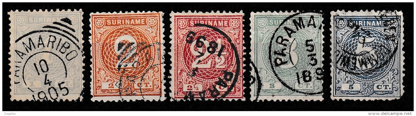 Suriname 1890-1893 Cijfers. NVPH 16-20 Gestempeld. See Description. - Suriname ... - 1975