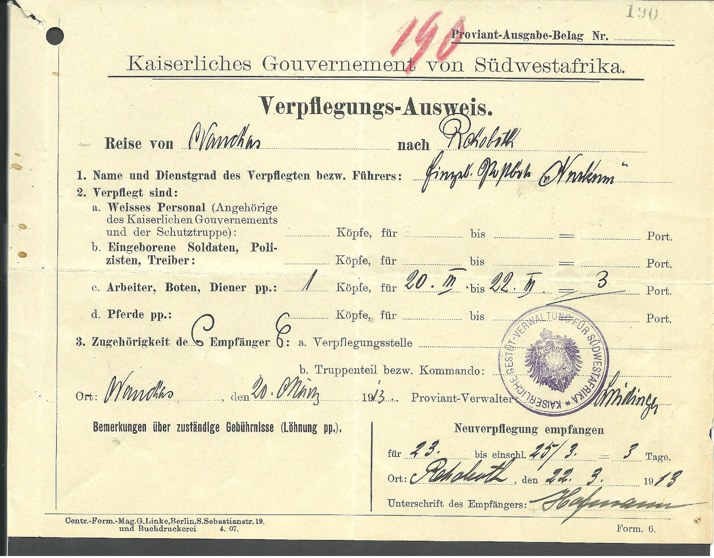 (950936) 1911 Verpflegungs-Ausweis Reise Von Nauchas Nach Rehoboth - Deutsch-Südwestafrika