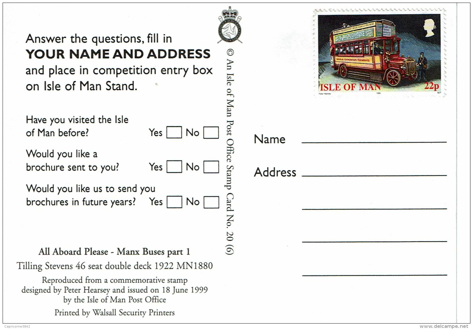 1999 - Carte émise Par La Poste Pour La Promotion Du Tourisme Sur L'ile - Carte Pré-timbrée Tp Yvert N° 860 (voir Verso) - Isle Of Man