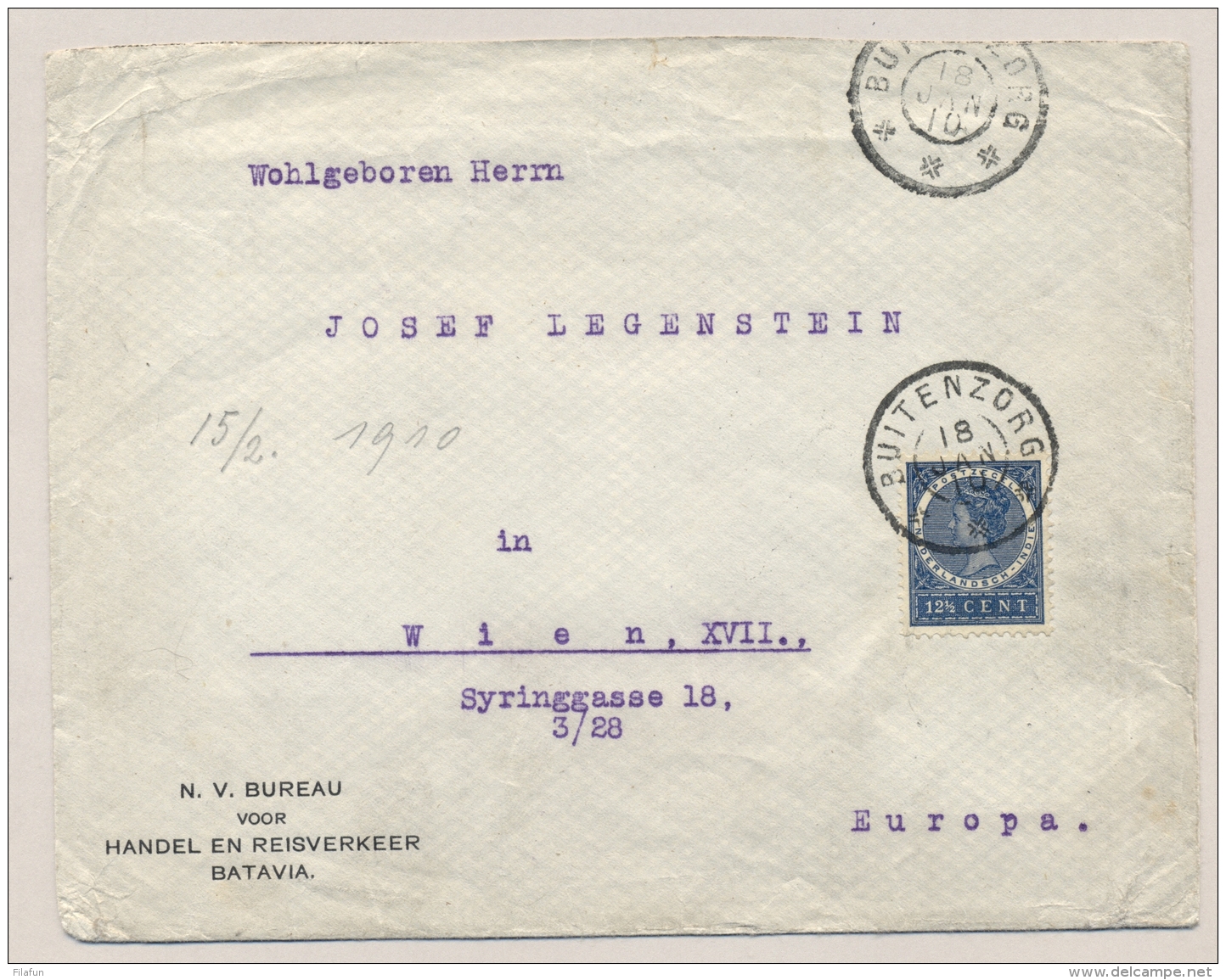 Nederlands Indië - 1910 - 12,5 Cent Veth Van GR BUITENZORG Via KB WELTEVREDEN Naar Wien / Österreich - Netherlands Indies