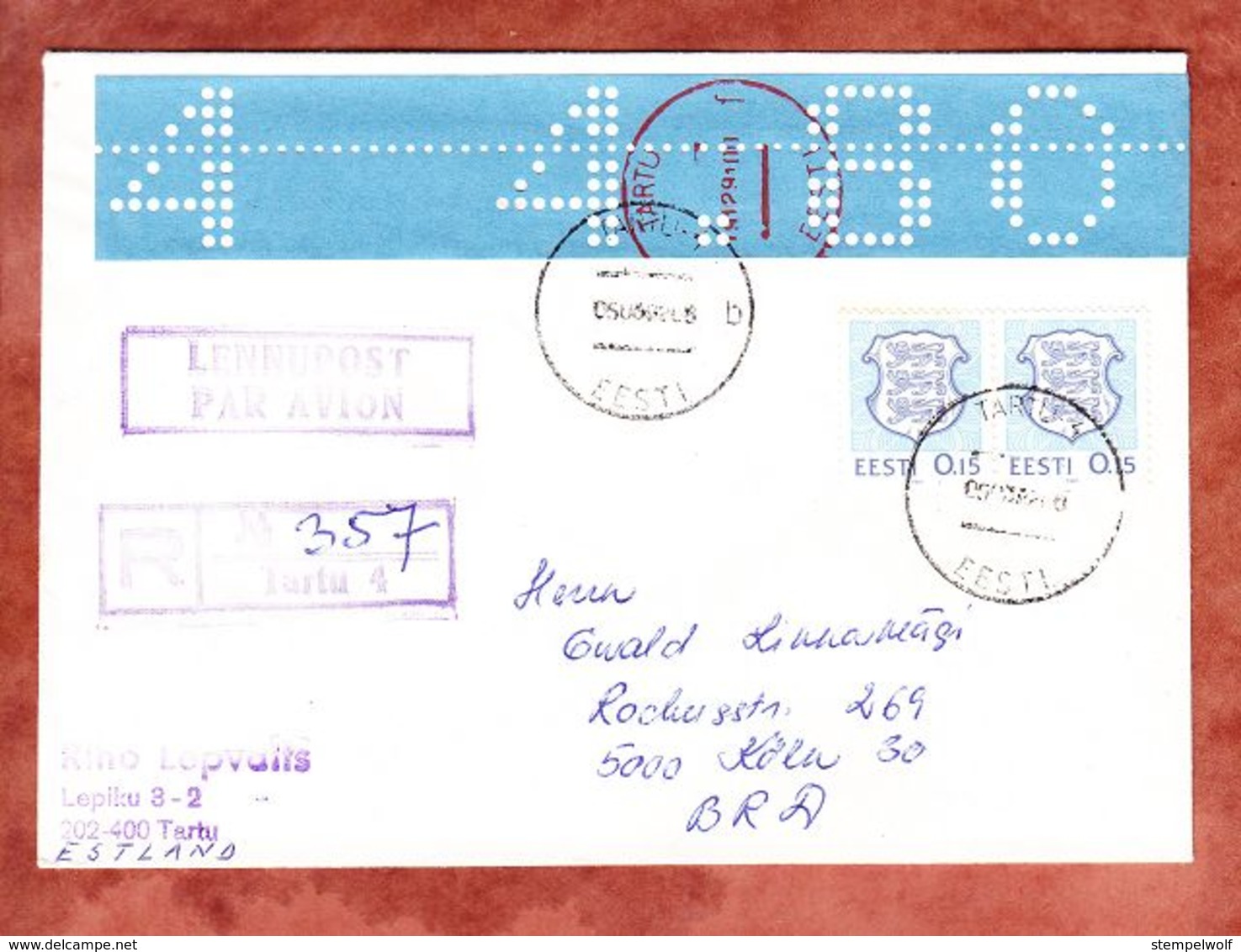 Luftpost, Einschreiben Reco, Lokalausgabe U.a., Tartu Nach Koeln 1992 (56194) - Estonia