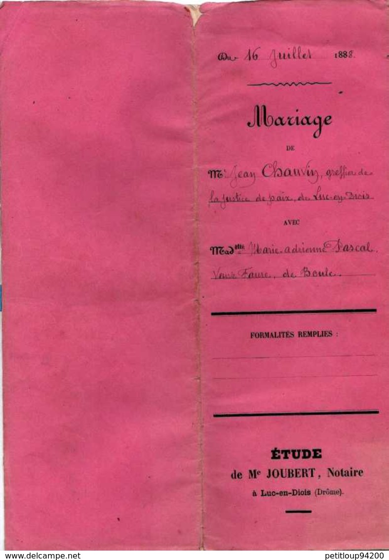 ACTE NOTARIE Mariage ETUDE Luc-en-Diois DROME Juillet 1888 - Manuscripts