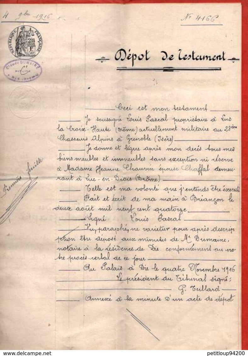 ACTE NOTARIE Dépot De Testament ETUDE à Dié  DROME *5 Timbres Fiscaux ANNEE 1916 - Manuscripten