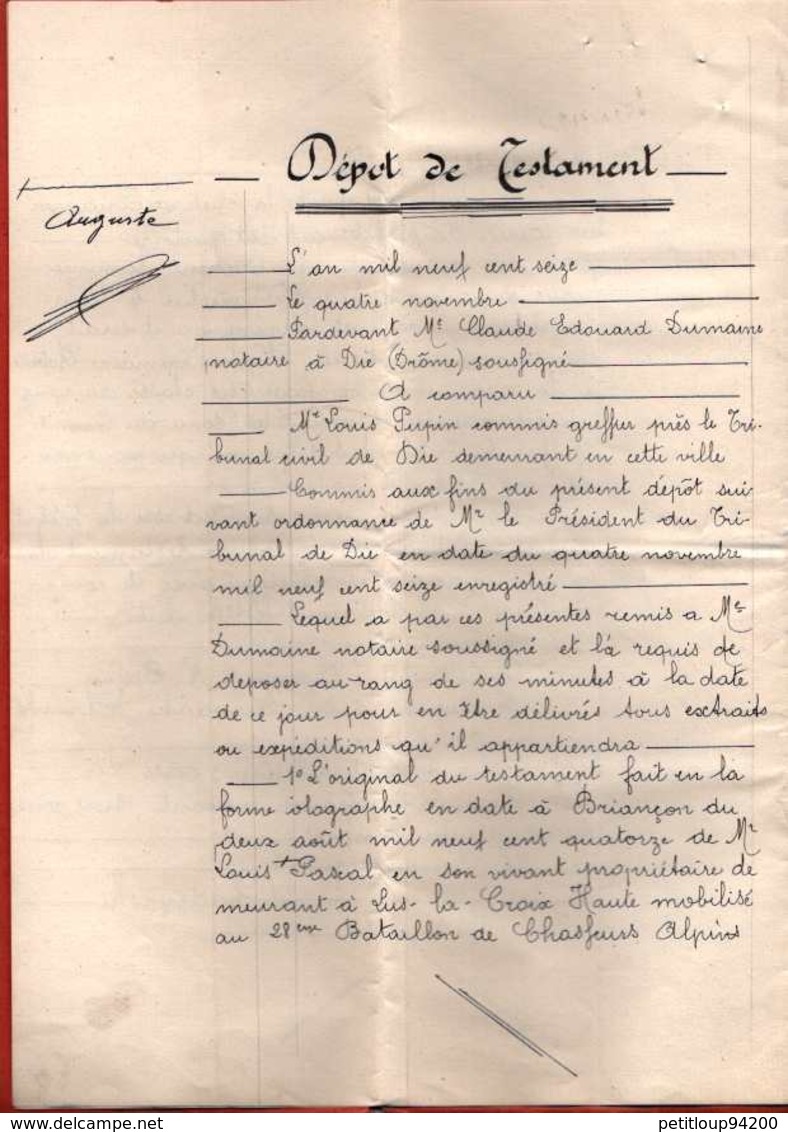ACTE NOTARIE Dépot De Testament ETUDE à Dié  DROME *5 Timbres Fiscaux ANNEE 1916 - Manoscritti