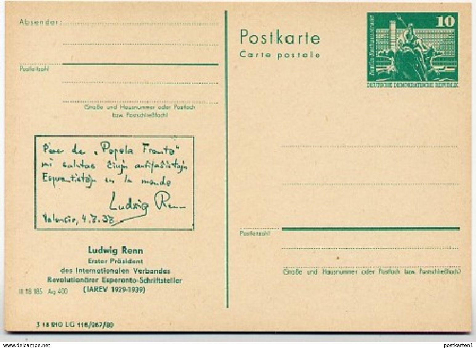 DDR P79-11-81 C146 Postkarte ZUDRUCK Esperanto Ludwig Renn Karl-Marx-Stadt 1981 - Privatpostkarten - Ungebraucht