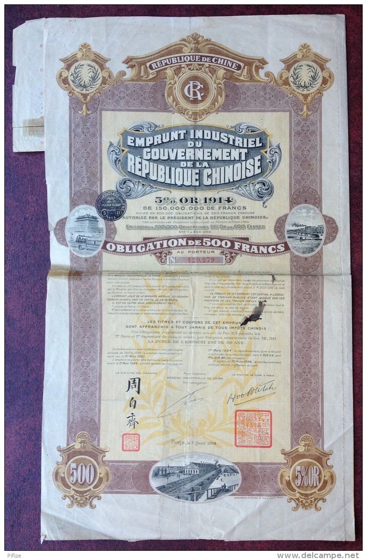 Emprunt Industriel Du Gouvernement De La République Chinoise 1914 . Obligation De 500 F . 85 Coupons . Chine . China . - A - C