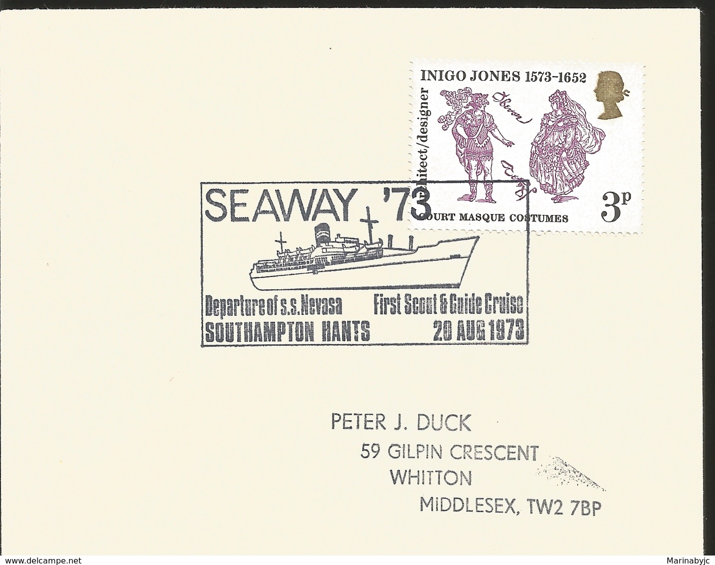 J) 1973 ENGLAND, COURT MASQUE COSTUMES, BLACK CANCELLATION BOAT, DEPARTURE S.S. NEVASA SOUTHAMPTON HANTS, FIRST SCOUT GU - Covers & Documents