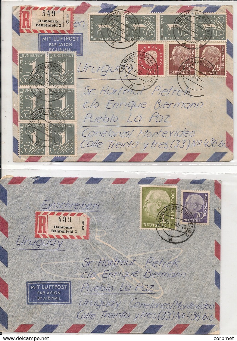 GERMANY - DEUTSCHLAND - 2 Vf REGISTERED COVERS - From HAMBURG To LA PAZ, URUGUAY - Covers & Documents